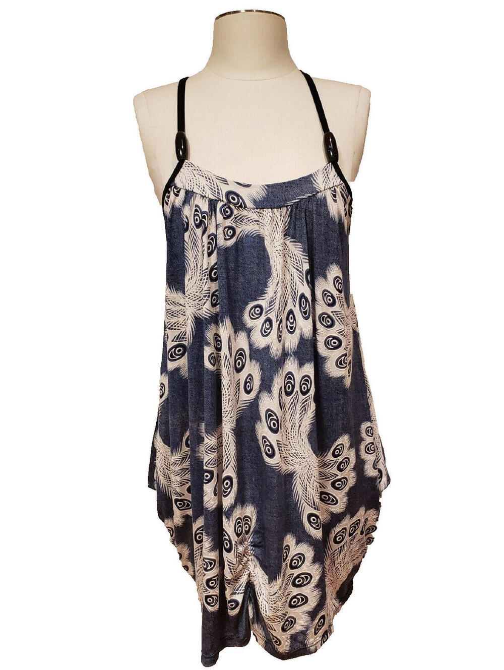 Peacock Feather Pattern Bohemia Strap Summer Dress Sz Large, Pre-owned
